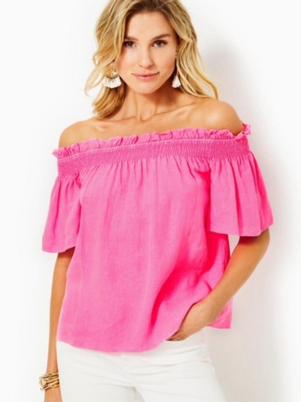 Lilly Pulitzer Hot Pink Off-Shoulder Smocked Tunic-Size XL- NWT